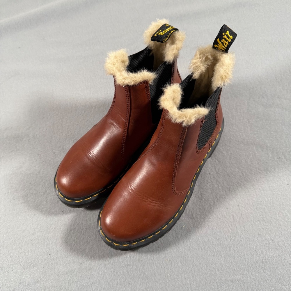 Dr Martens Leonore Chelsea Boots Faux Fur Lined Brown Leather 2976 US Womens 7